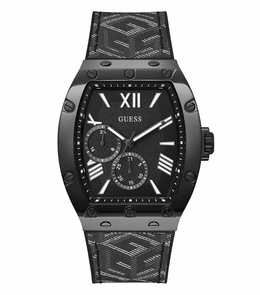 Passionate side angle view of Guess black-faced quartz watch, showcasing sleek design with silver accents and sophisticated style.