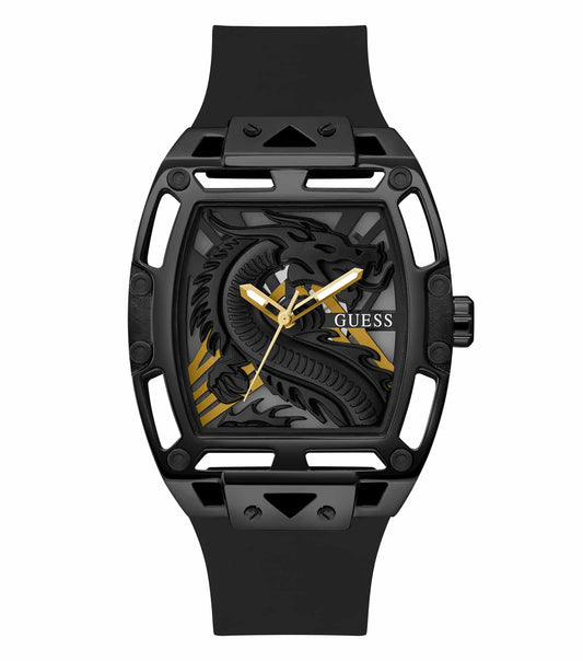 Elegant Guess watch in black with a round face, positioned at a slight angle showcasing its sleek design, perfect for enthusiasts.