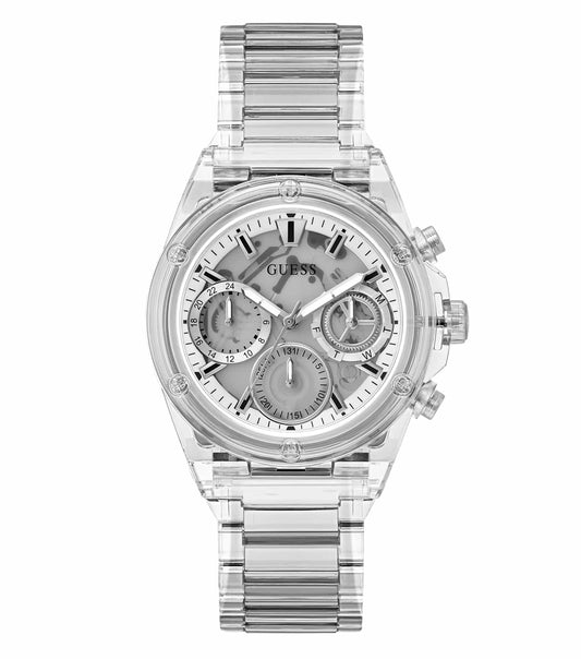 Elegant Guess quartz watch in white, close-up from a front-left angle, showcasing its sleek design and minimalist features.