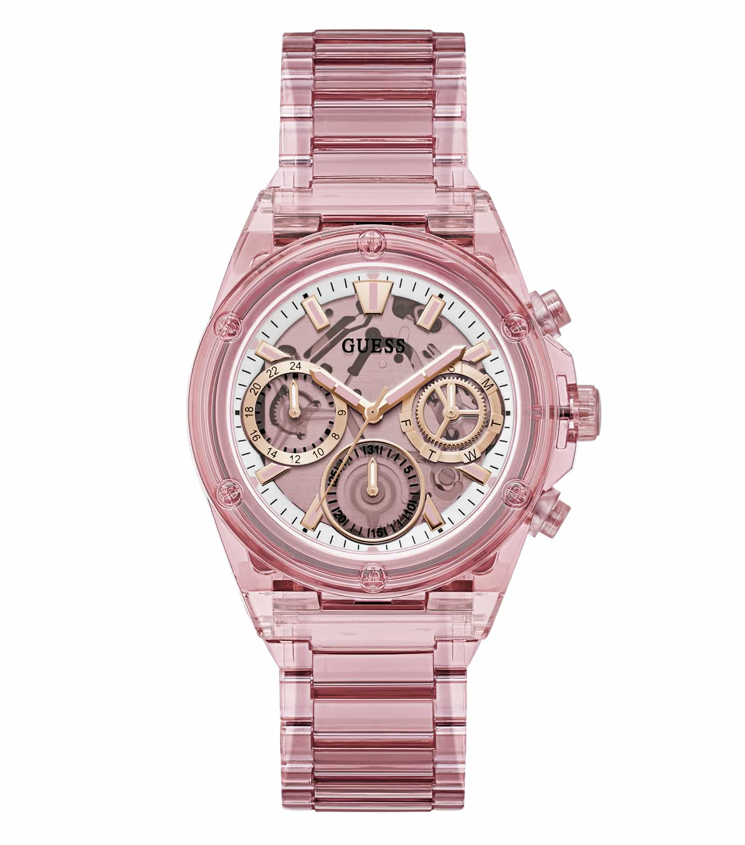 Elegant Guess pink watch with a gold-tone case, featuring a stylish dial and wrist strap, displayed at a semi-side angle.