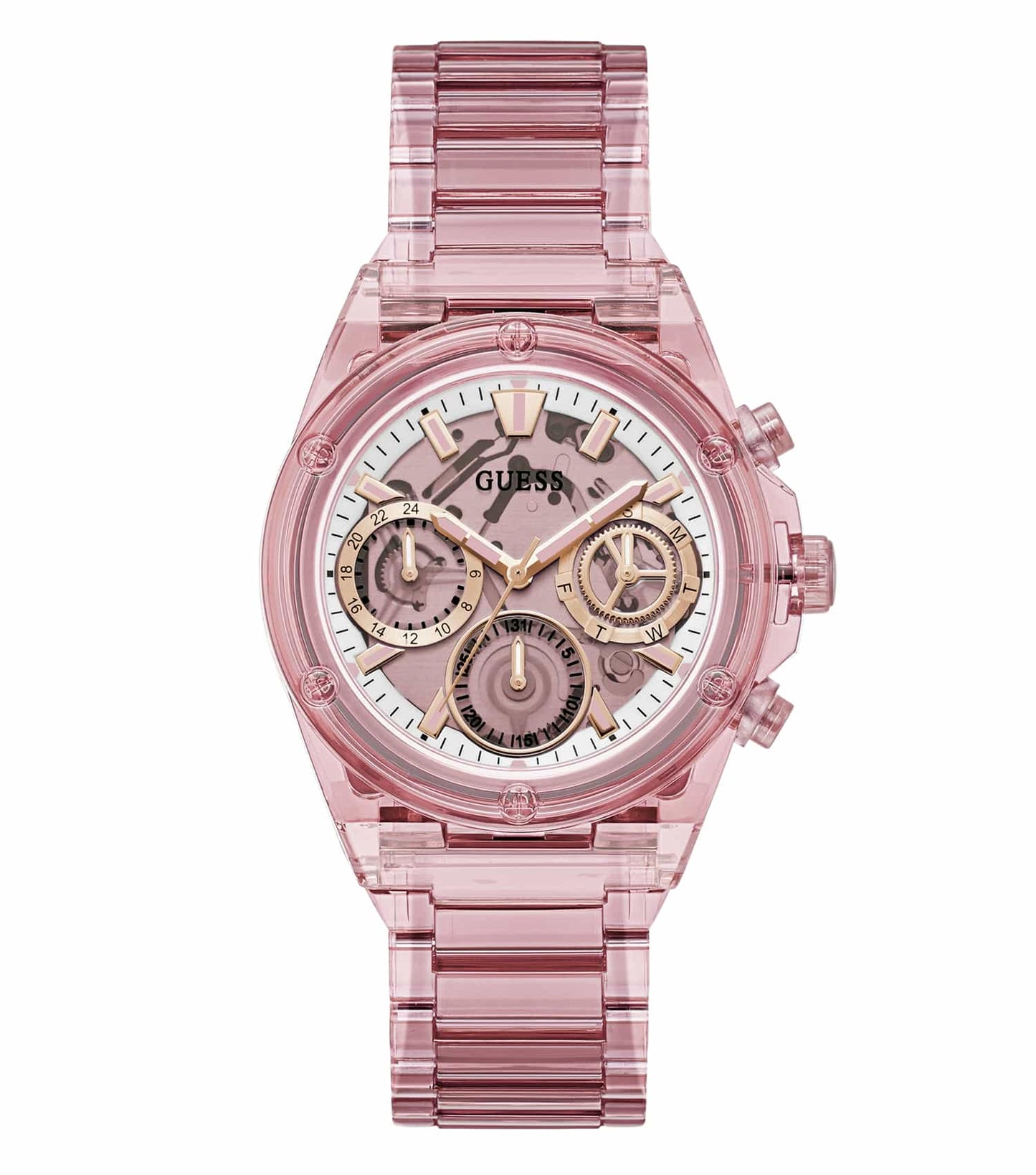 Elegant Guess pink watch with a gold-tone case, featuring a stylish dial and wrist strap, displayed at a semi-side angle.
