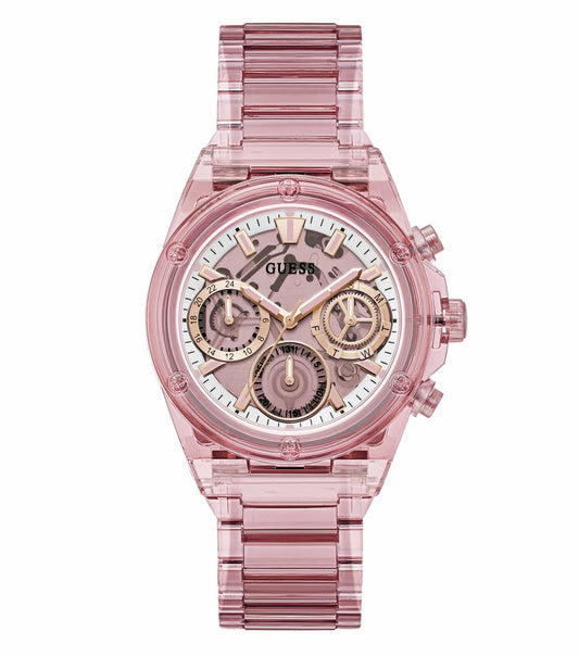 Elegant Guess pink watch with a gold-tone case, featuring a stylish dial and wrist strap, displayed at a semi-side angle.