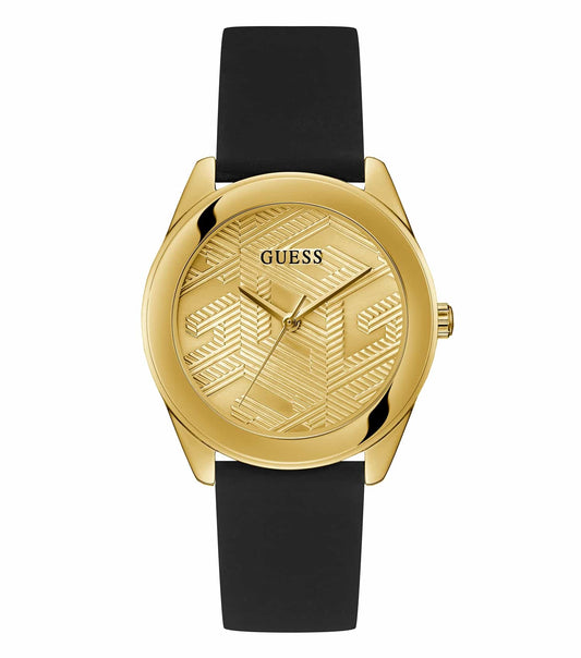Stylish Guess watch with a black cubed quartz design, showcasing its elegant dial in a 40-degree angle, perfect for trendsetters.