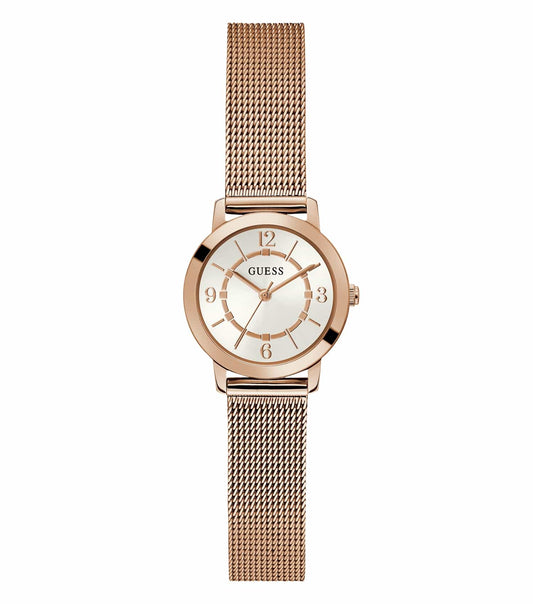 Guess rose gold watch with intricate detailing, featuring round dial and shiny bracelet, displayed at a 30-degree angle.