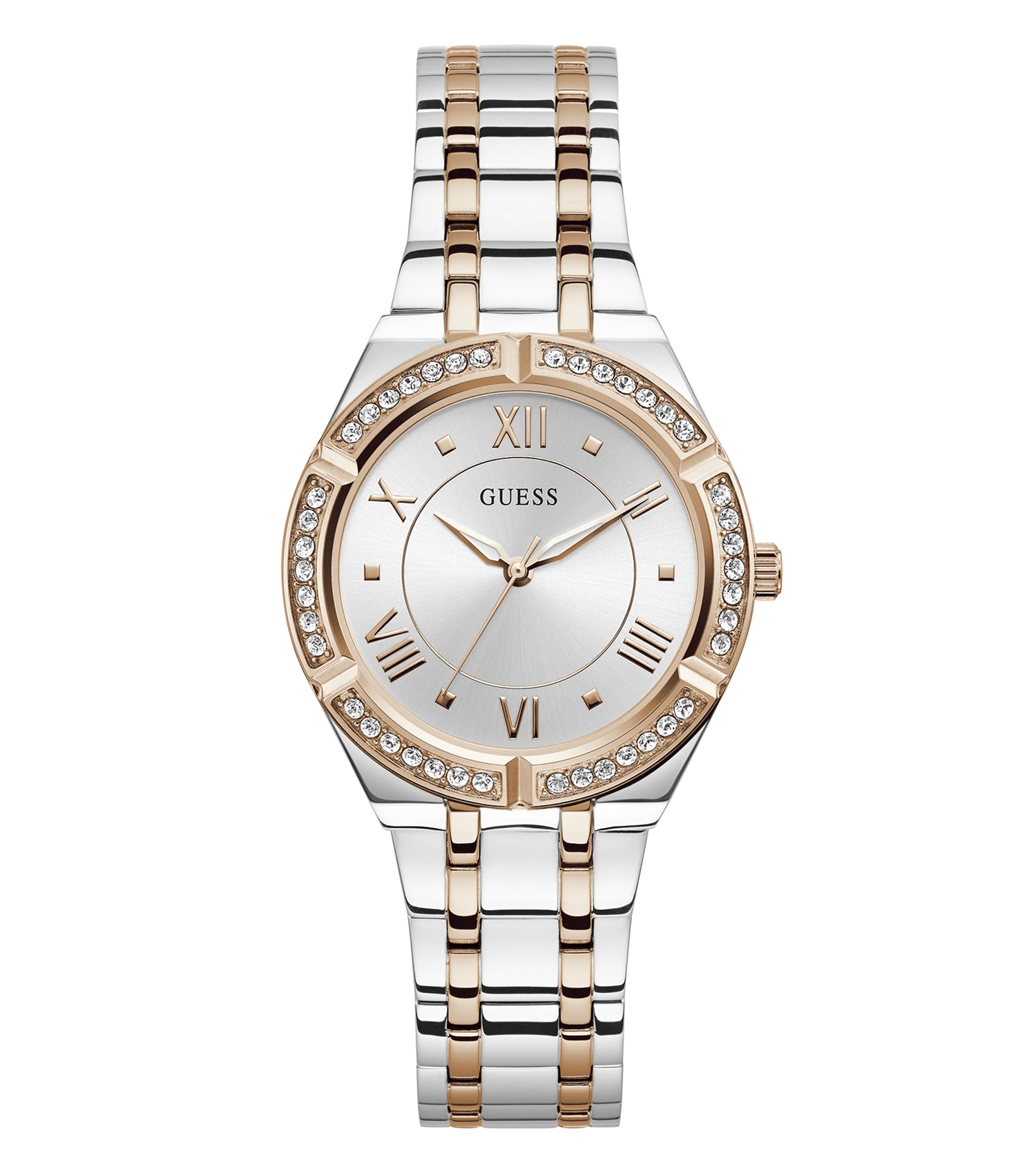 Elegant Guess watch in none color displayed at a dynamic 36-degree angle, showcasing a sophisticated face and sleek strap design.