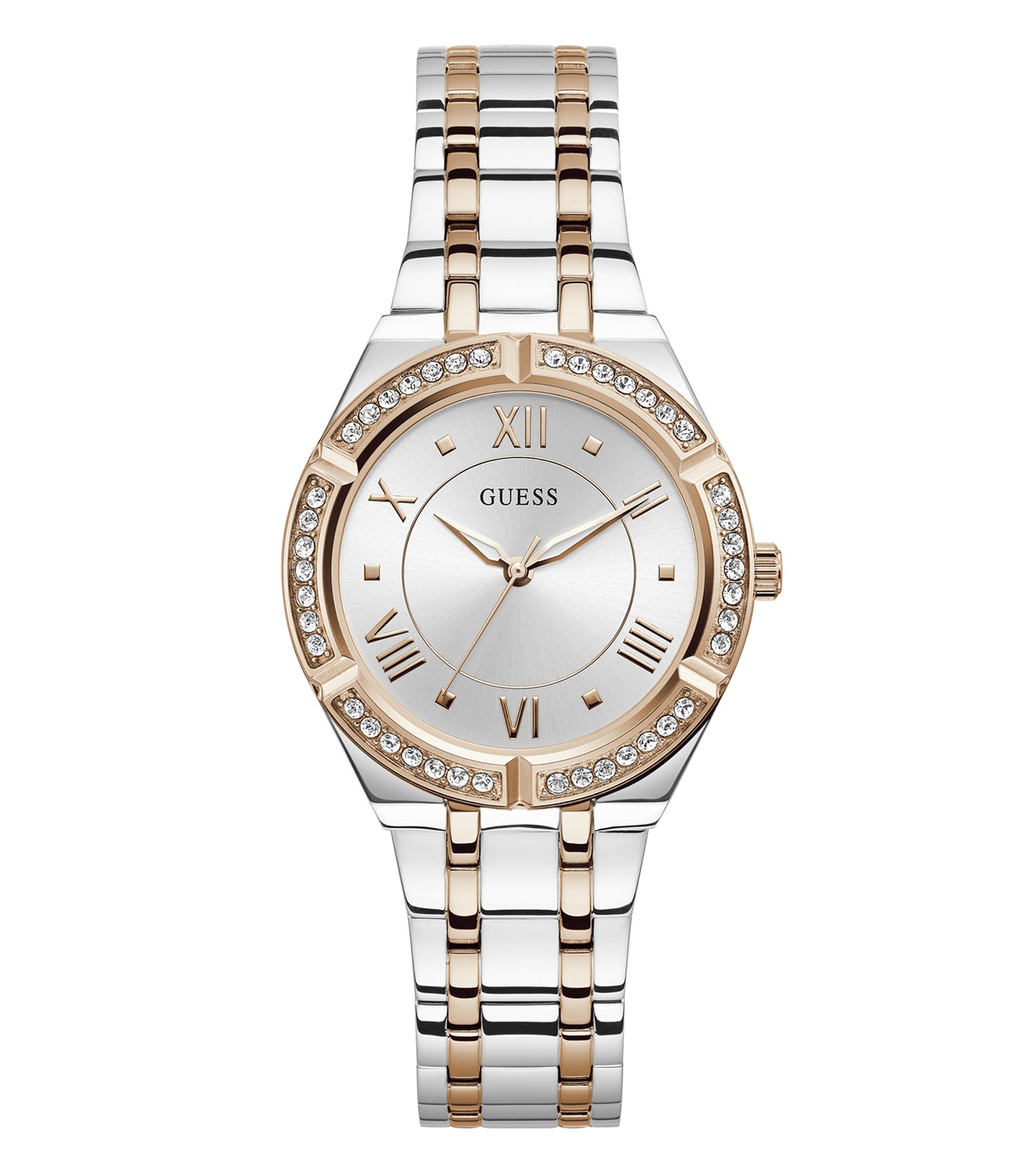 Elegant Guess watch in none color displayed at a dynamic 36-degree angle, showcasing a sophisticated face and sleek strap design.