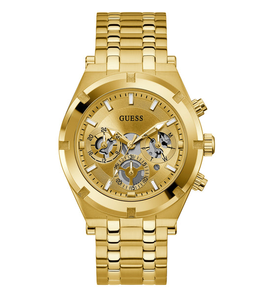 Guess watch in black with a sleek round face, chronograph design, and stylish metal band, front-facing angle, exuding elegance.