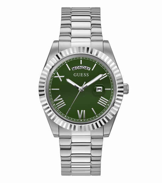 Guess watch in none color, side angle view showcasing sophisticated design, metallic bracelet, and brand logo on dial.