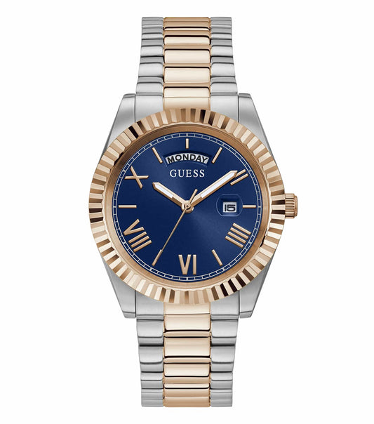 Guess quartz watch in stunning gold color, elegantly angled showcasing the refined dial and sleek strap design