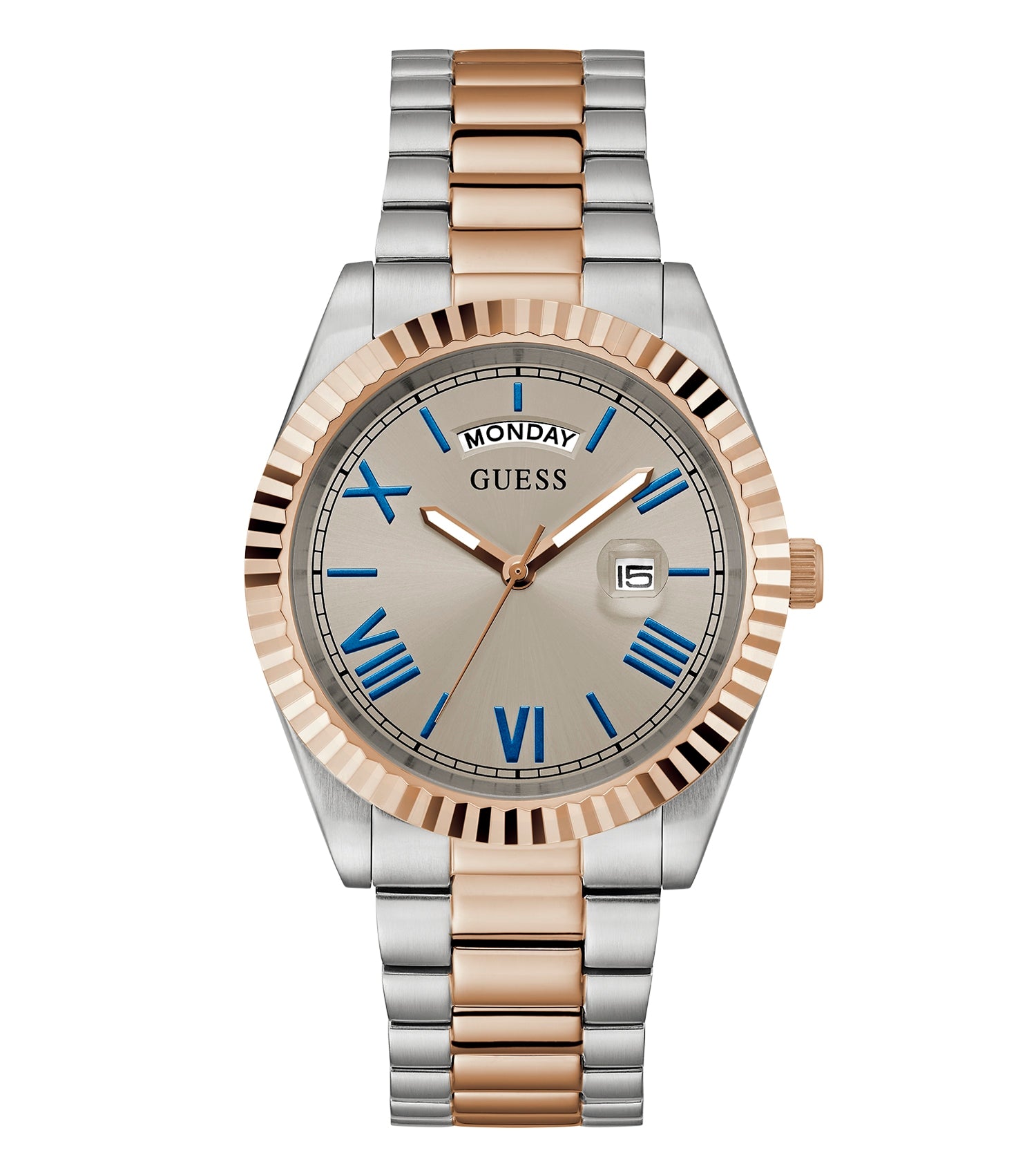 Guess quartz watch in gold, showcasing an elegantly detailed face with Roman numerals, angled top-down at classic 45 degrees.