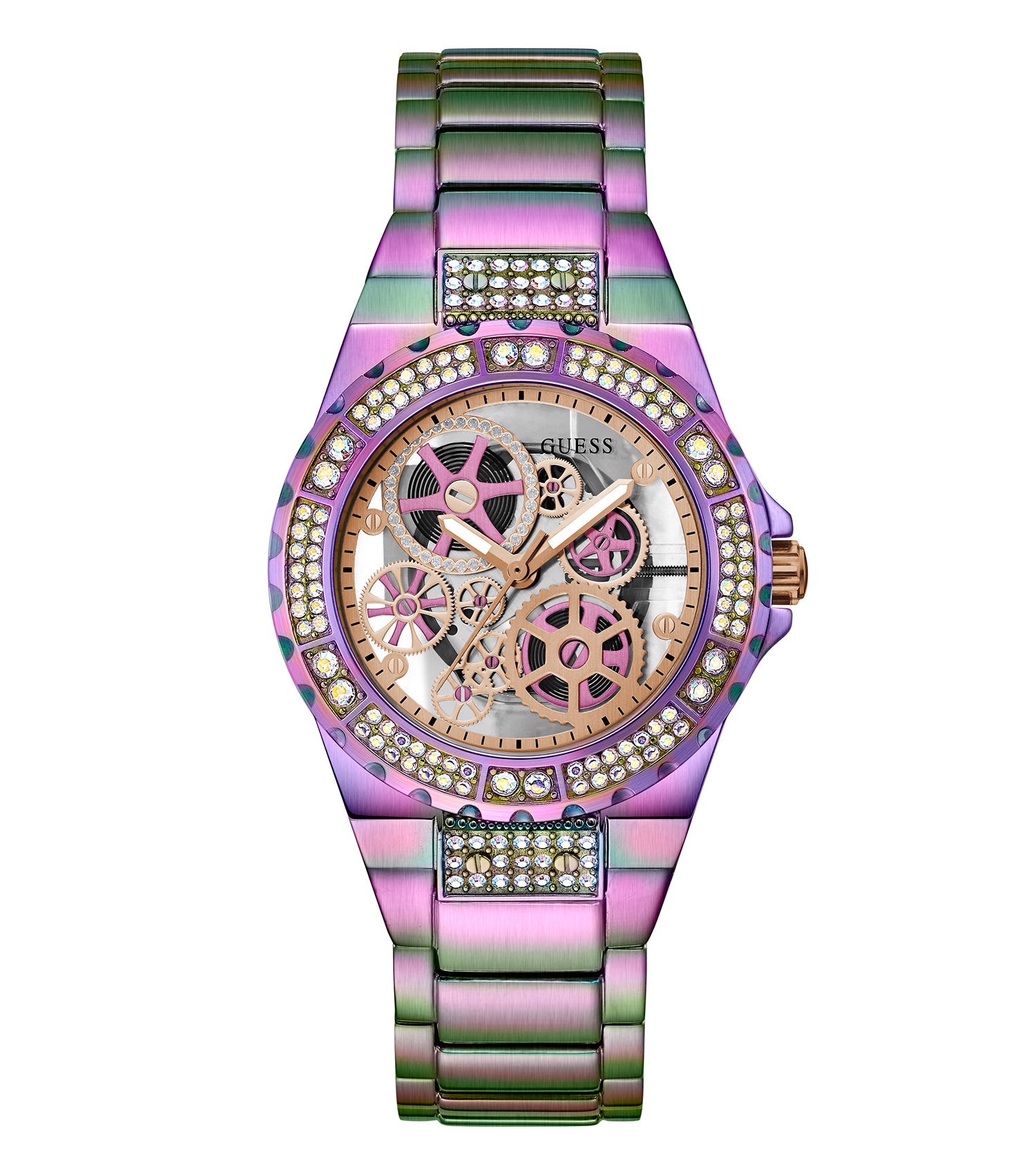  Guess quartz watch in rose gold color, angled front view showcasing elegant bracelet strap and chic minimalist dial.