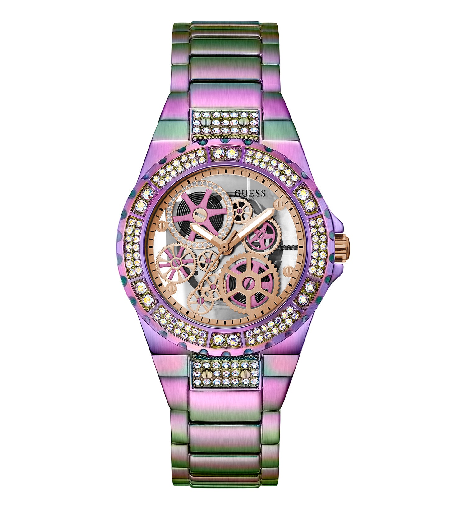  Guess quartz watch in rose gold color, angled front view showcasing elegant bracelet strap and chic minimalist dial.