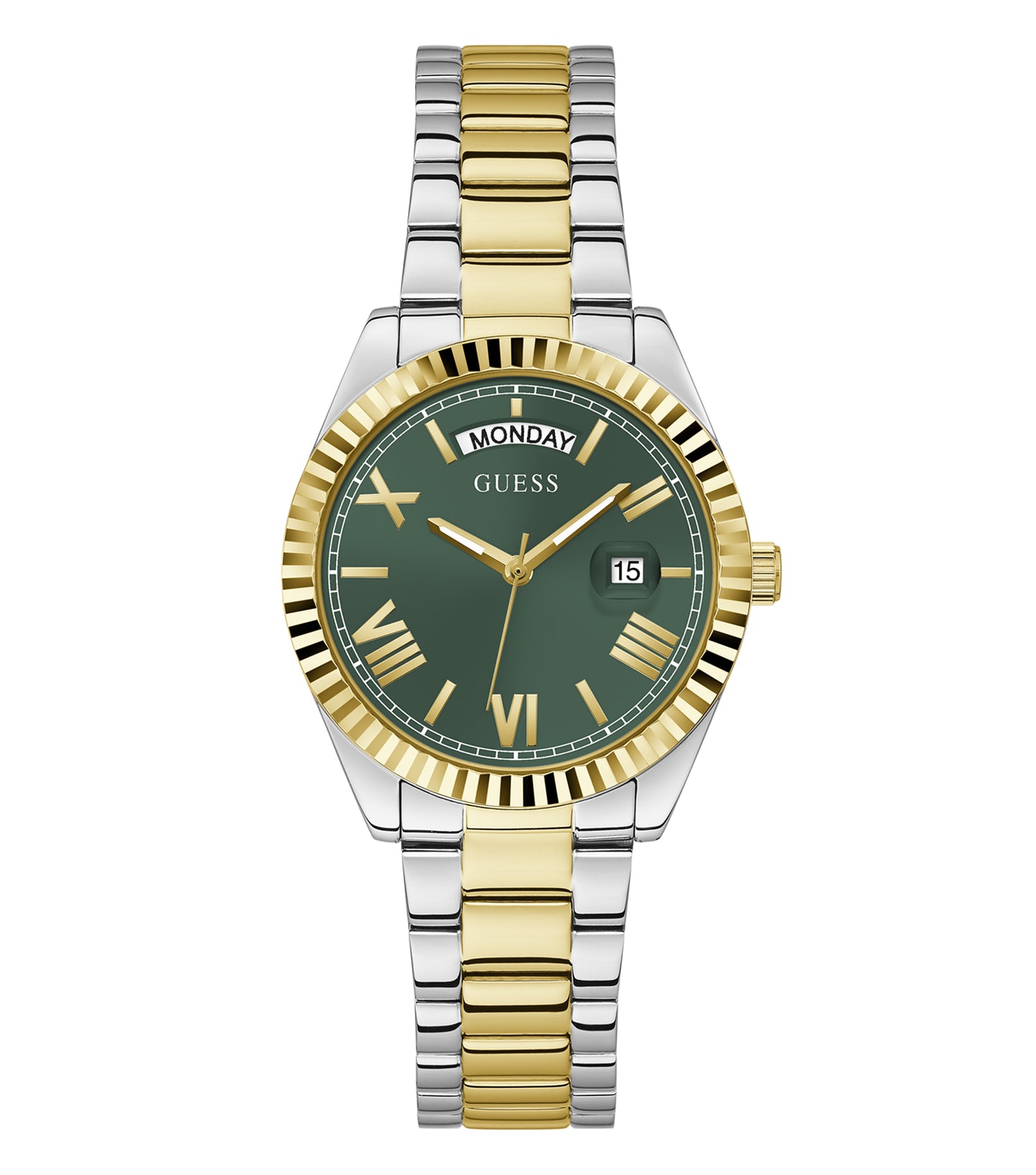 Elegant Guess watch with a rose gold-tone bracelet and crystal-embellished bezel, side angle view highlighting its chic design.