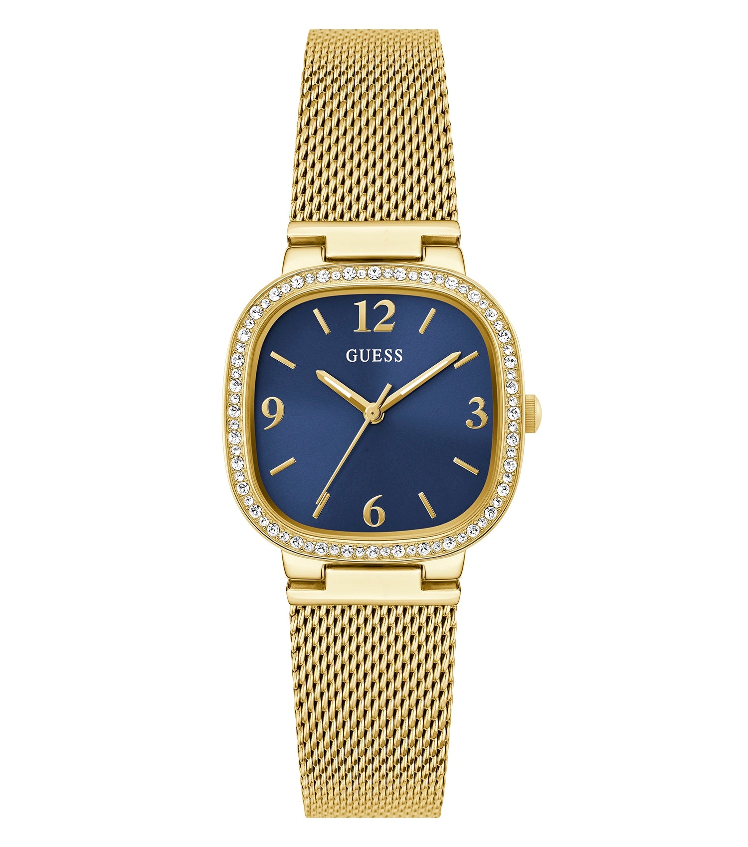 Guess watch with rose-gold tone, round dial, and glossy strap, angled view showcasing elegant curves and watch face detailing.