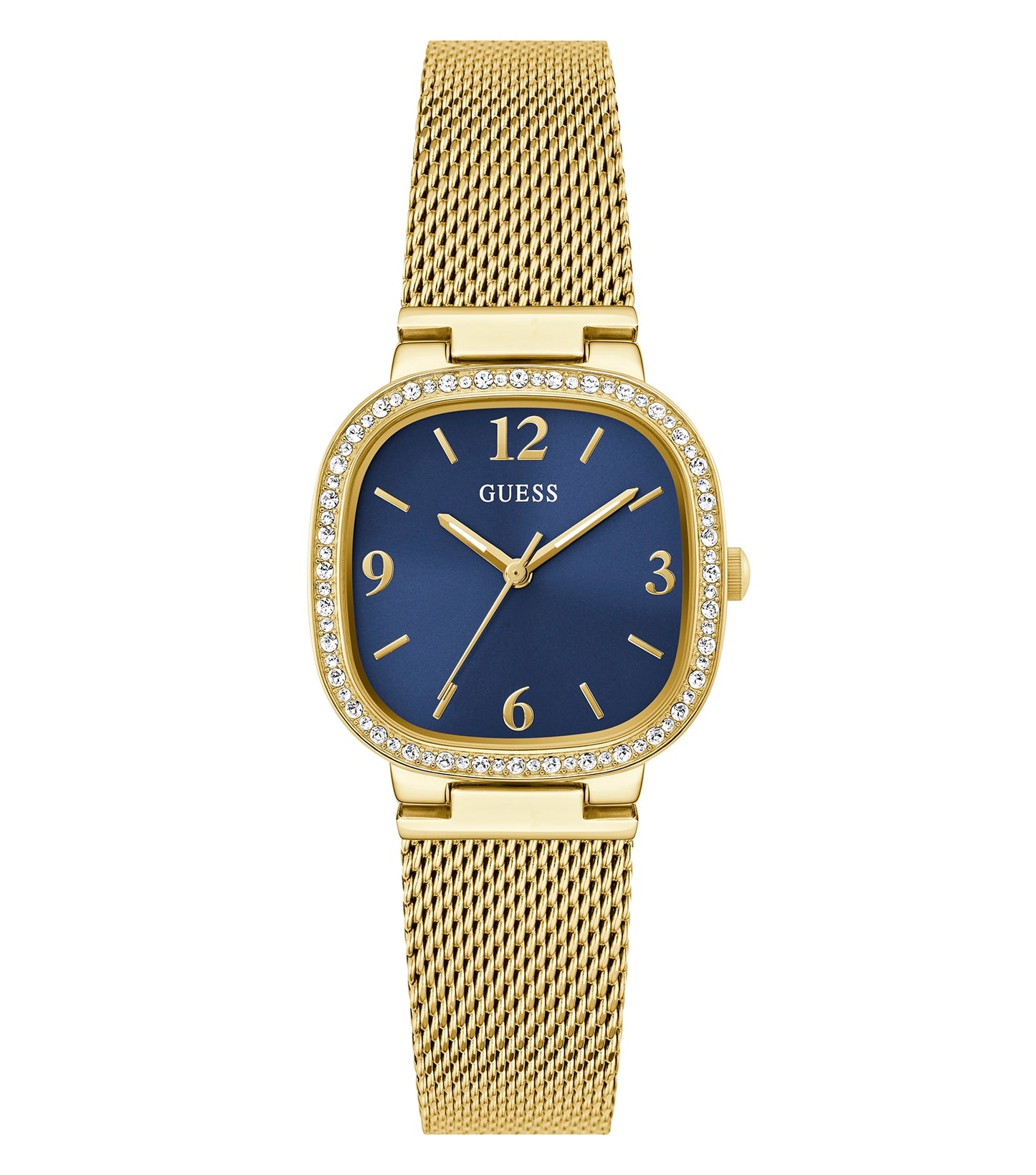 Guess watch with rose-gold tone, round dial, and glossy strap, angled view showcasing elegant curves and watch face detailing.