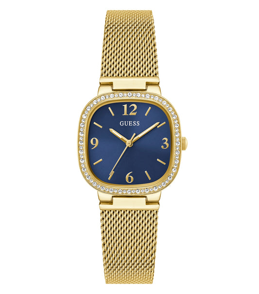 Guess watch with rose-gold tone, round dial, and glossy strap, angled view showcasing elegant curves and watch face detailing.