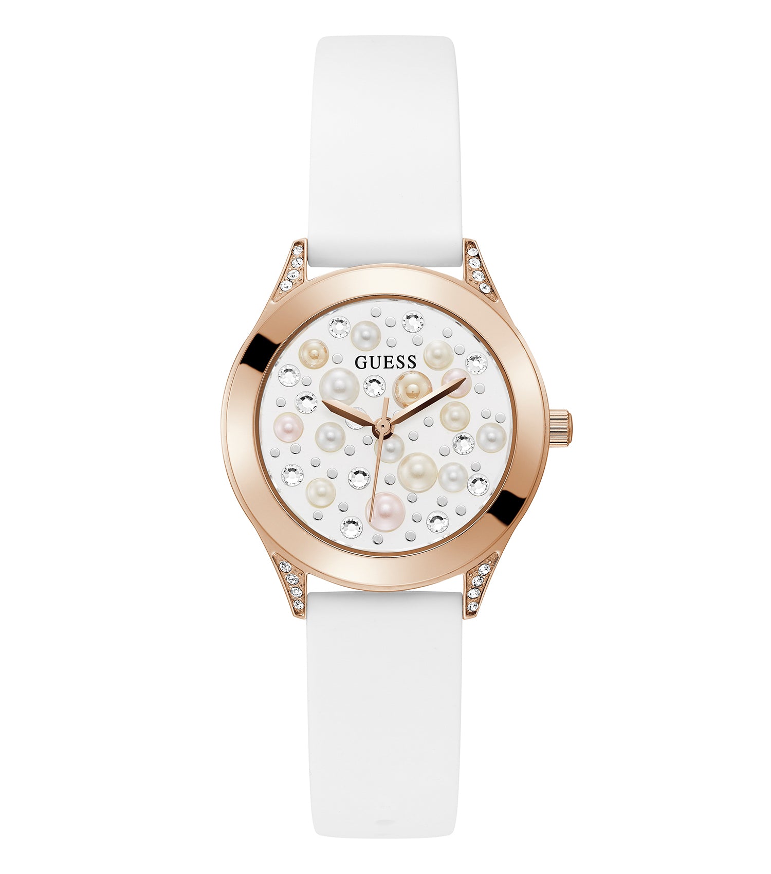 Elegant Guess watch in pearl color, angled at 36 degrees. Features a delicate mother-of-pearl dial and shiny gold accents.
