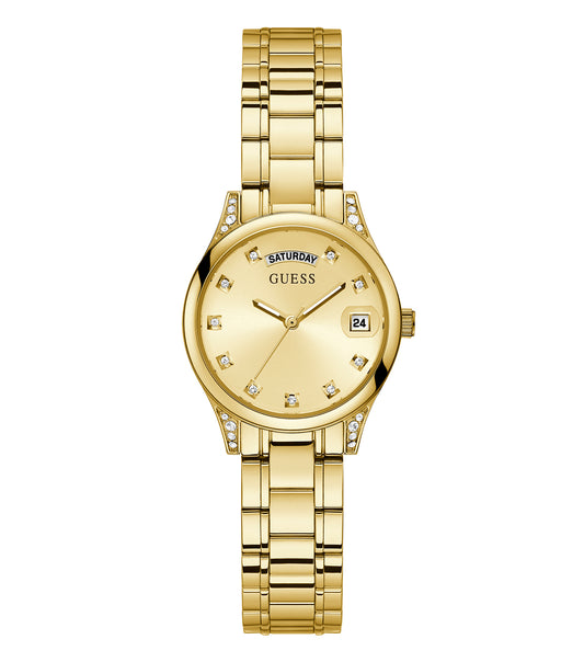 Elegant Guess watch in quartz color, featuring a close-up angle showcasing its sleek watch face and stylish band design.