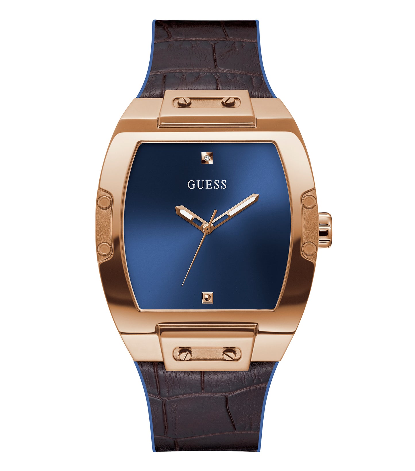 Guess brown watch with elegant flow, front-facing view, detailed dial, sleek brown strap, placed on a light background, premium style.