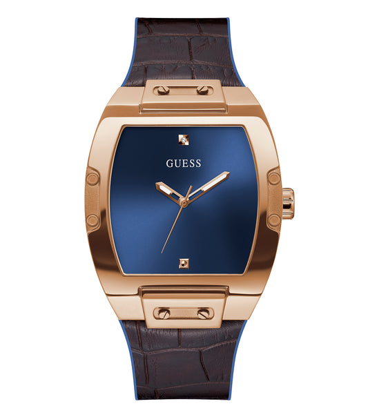 Guess brown watch with elegant flow, front-facing view, detailed dial, sleek brown strap, placed on a light background, premium style.