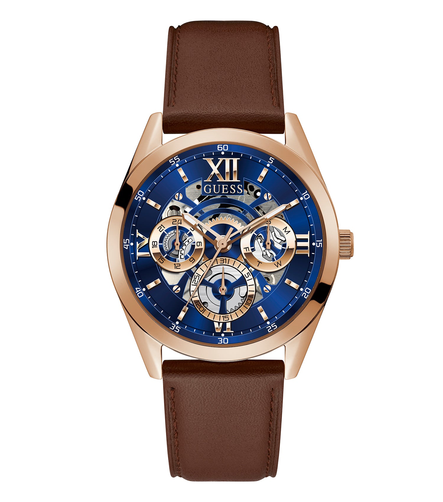 Guess watch in rose gold with a sleek black dial and elegant design, displayed at a dynamic three-quarter angle.