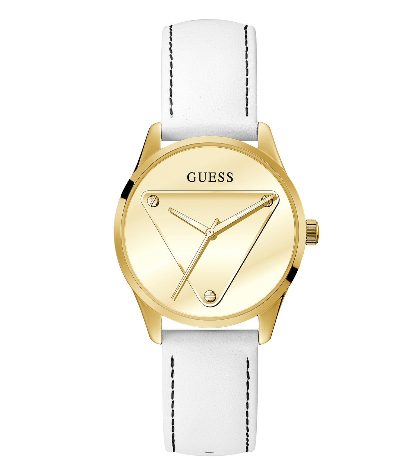 Guess women's watch GW0399L1, featuring gold-tone bracelet, emblem design, front angle view. Perfect fusion of luxury and style.