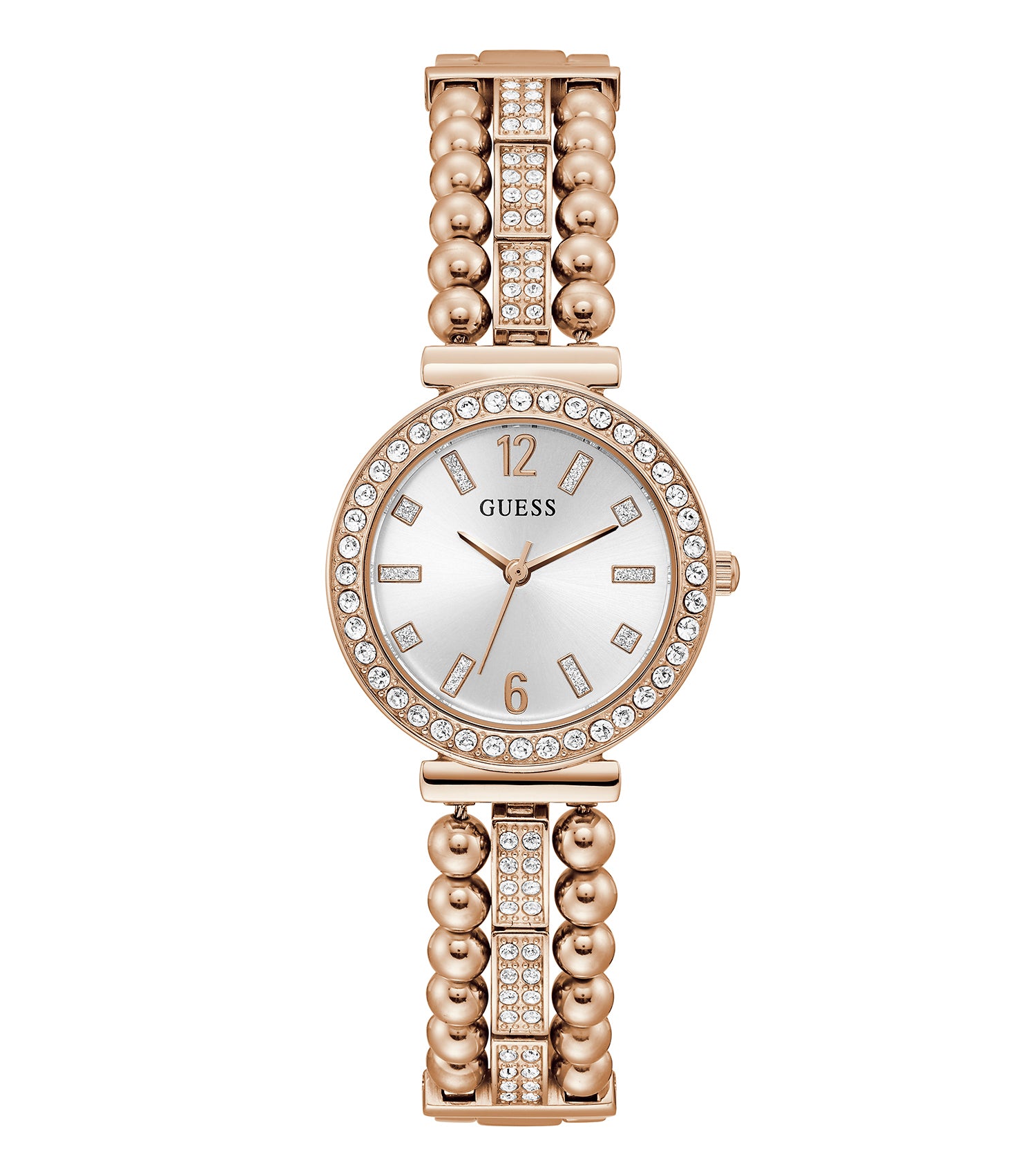 Guess watch in sleek black with elegant gold accents, photographed from a three-quarter angle, showcasing its exquisite design.