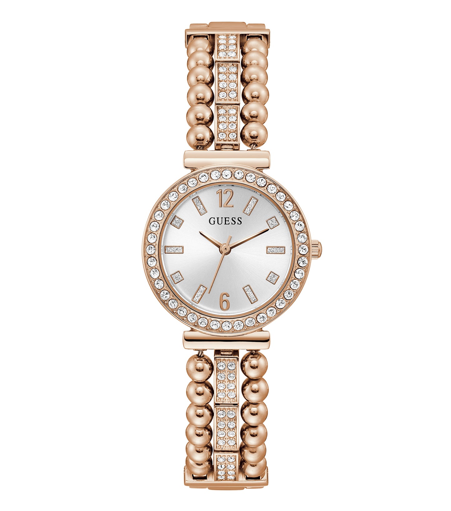 Guess watch in sleek black with elegant gold accents, photographed from a three-quarter angle, showcasing its exquisite design.