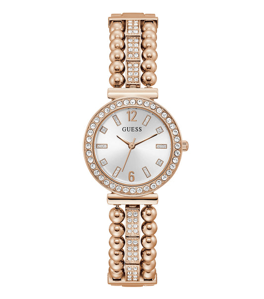 Guess watch in sleek black with elegant gold accents, photographed from a three-quarter angle, showcasing its exquisite design.