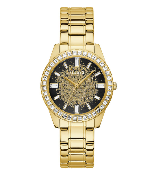 Guess glittery watch in vibrant gold on display, showing the intricate watch face and strap from a sleek top-left angle.