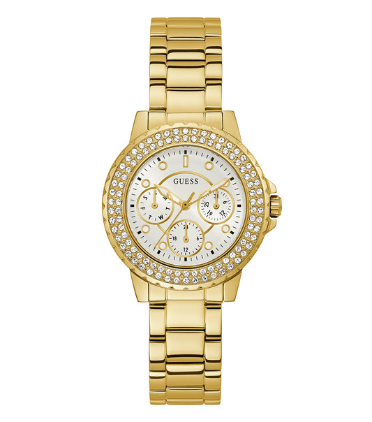 Guess watch in vibrant gold color with a round face and subtle design, viewed from a slightly tilted angle, elegant timepiece.