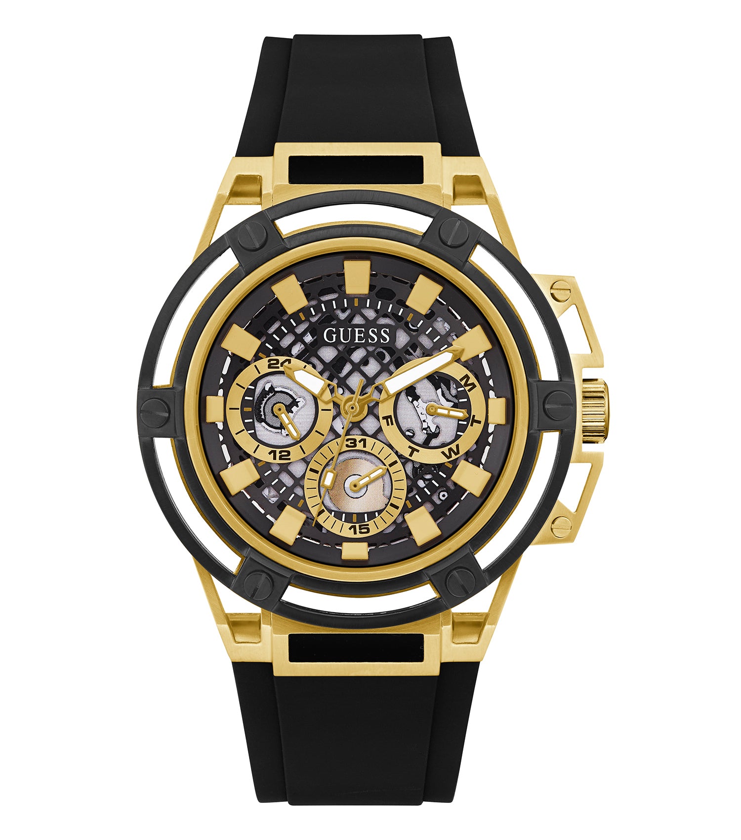 Guess watch in striking Matrix color showcasing a bold facade; angled slightly to the right against a clean, light background.