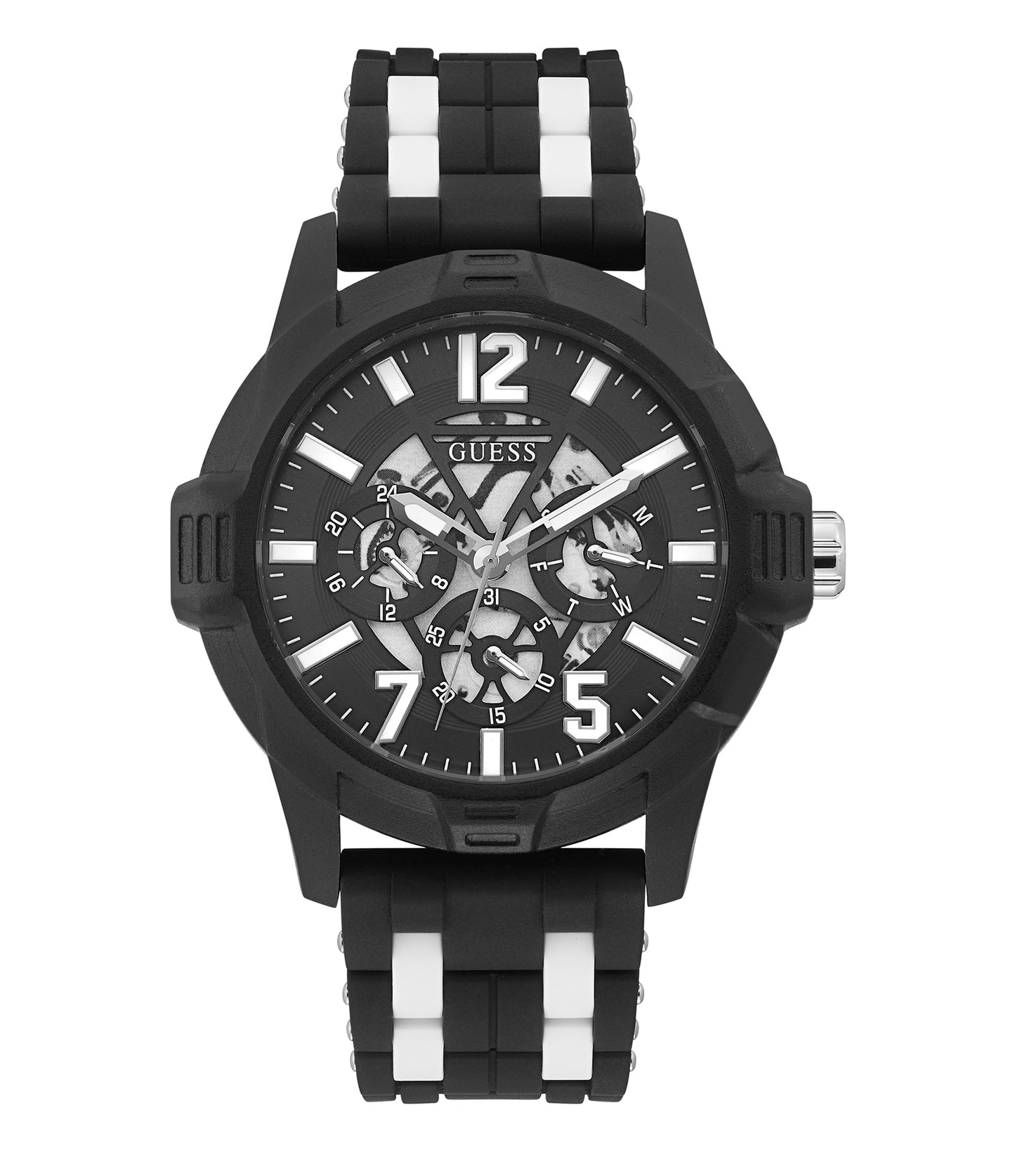 Elegant Guess quartz watch in a sleek black design, displayed at a 45-degree angle, showcasing modern masculine style.