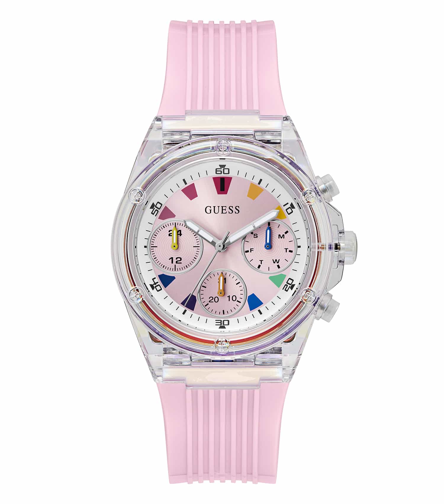 Elegant Guess watch, model GW0438L7, featuring classic gold tone, captured at a dynamic three-quarter angle, showcasing bracelet.