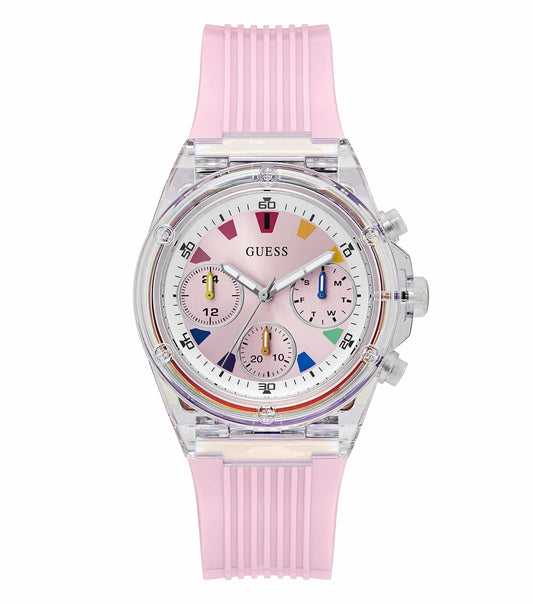 Elegant Guess watch, model GW0438L7, featuring classic gold tone, captured at a dynamic three-quarter angle, showcasing bracelet.