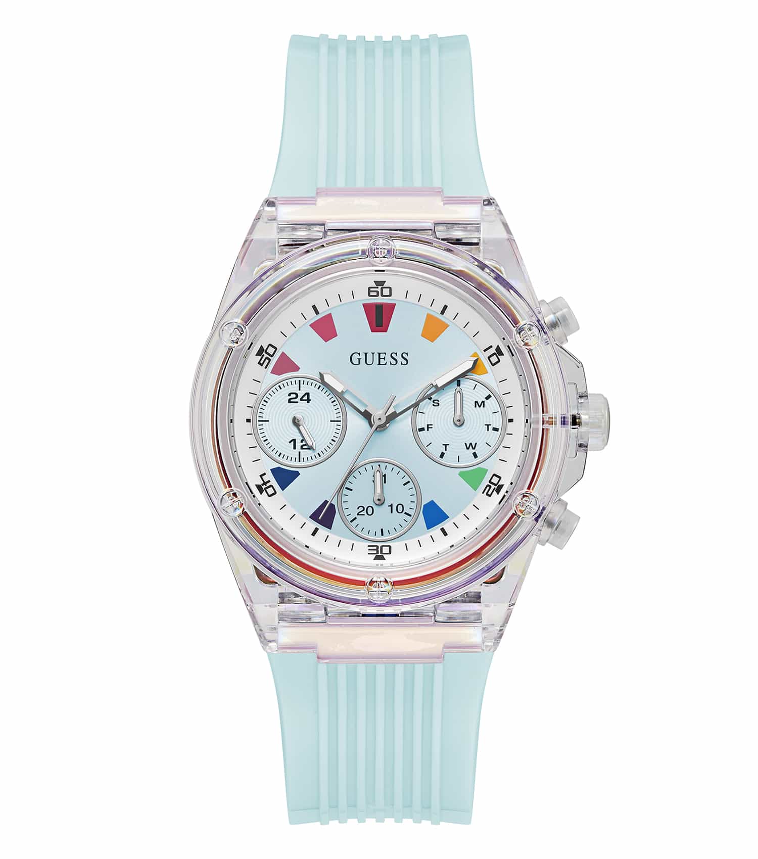 GUESS quartz watch with a modern gold-tone dial viewed at a 30-degree angle, showcasing elegant design and minimalist appeal.