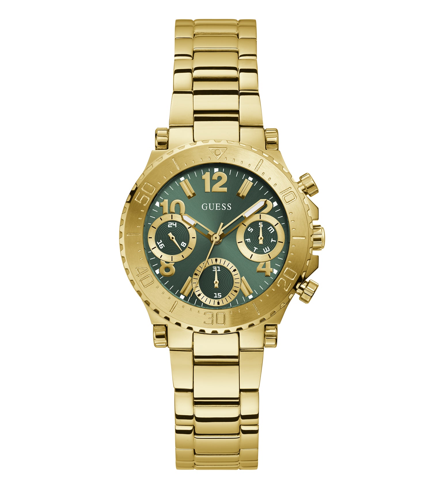 Guess quartz watch in elegant pink hue, showcased at a sleek 45-degree angle, embodying sophistication and precision.