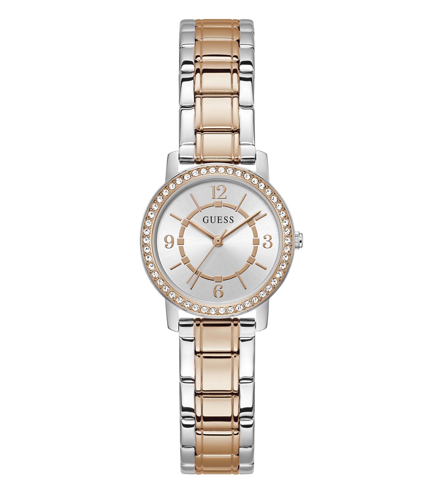 Elegant Guess watch with quartz color at a tilted angle, showcasing a minimalistic round dial and rose gold accents against a subtle background.