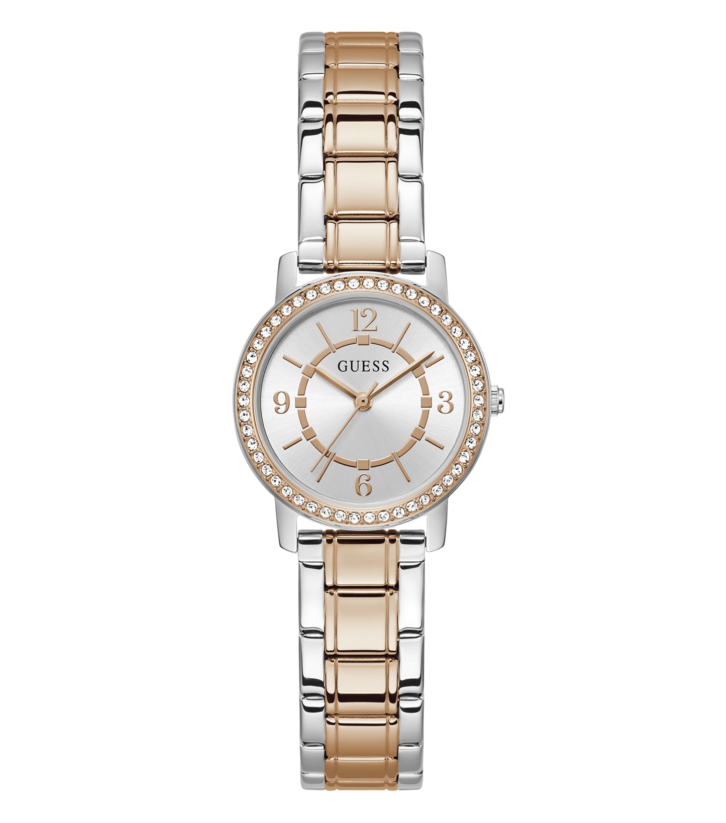 Elegant Guess watch with quartz color at a tilted angle, showcasing a minimalistic round dial and rose gold accents against a subtle background.