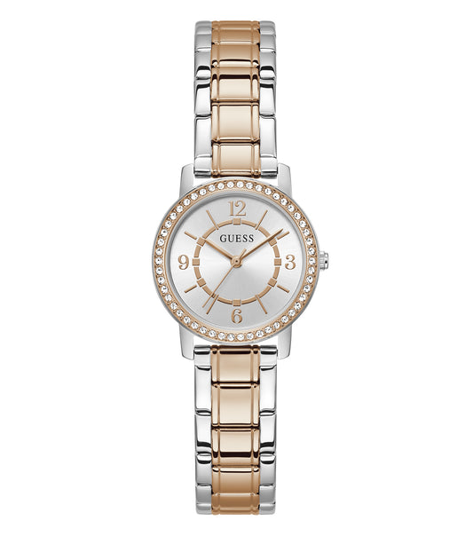 Elegant Guess watch with quartz color at a tilted angle, showcasing a minimalistic round dial and rose gold accents against a subtle background.