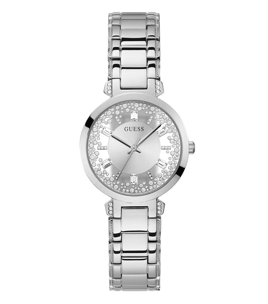 Guess watch in clear, elegant design with gold accents viewed at an angle, showcasing intricate details against a black background.