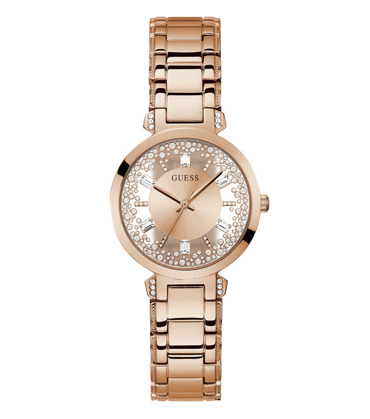 Guess watch in Crystal Clear Quartz color, featuring an easygoing flow from a front-facing angle, showcasing its exquisite design.