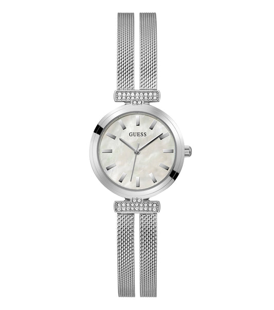 Guess watch in classic silver with a black dial, angled display from above, showcasing sleek elegance and contemporary design.