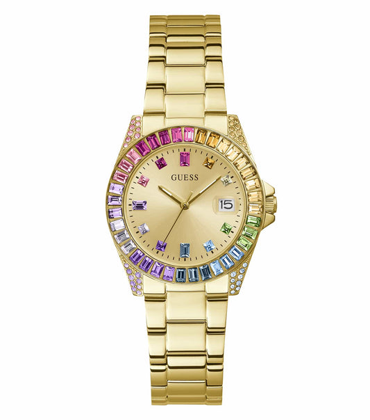 Guess watch with opaline color dial, gold-tone case, and bracelet viewed from a front angle, exuding elegance and sophistication.