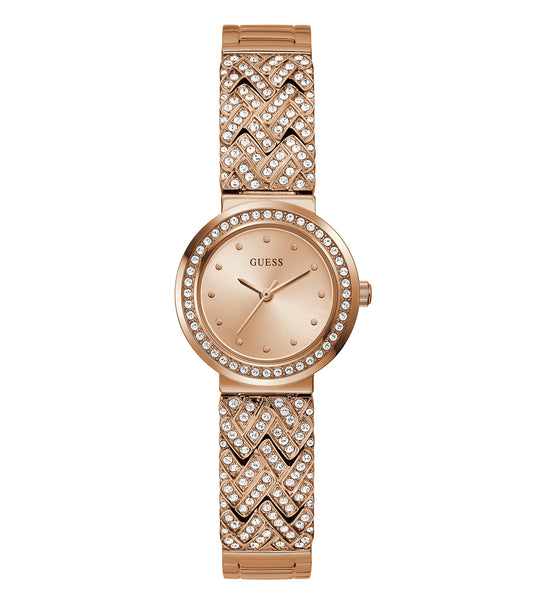 Guess watch in quartz color, showcasing round dial and sleek strap from a 45-degree angle, highlighting elegance and style.
