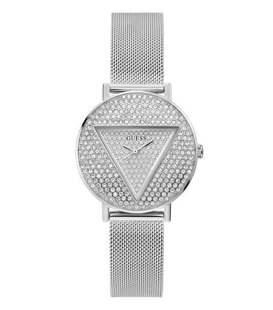 Guess watch featuring a sleek, monochrome design viewed from a high angle, showcasing its elegant face and strap.
