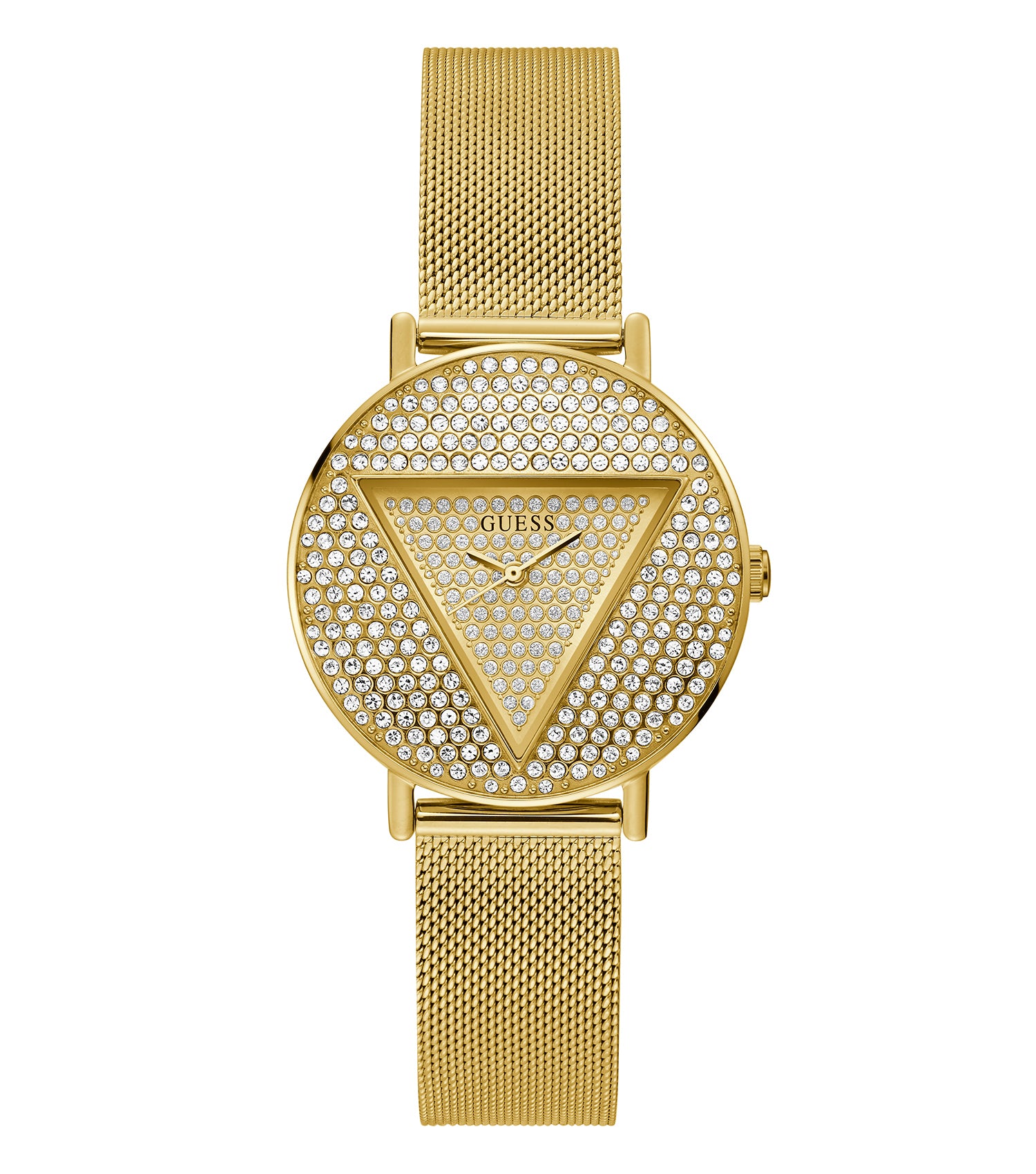 Elegant Guess watch in a warm golden hue, angled view showcasing intricate detailing of the face and stylish band design.