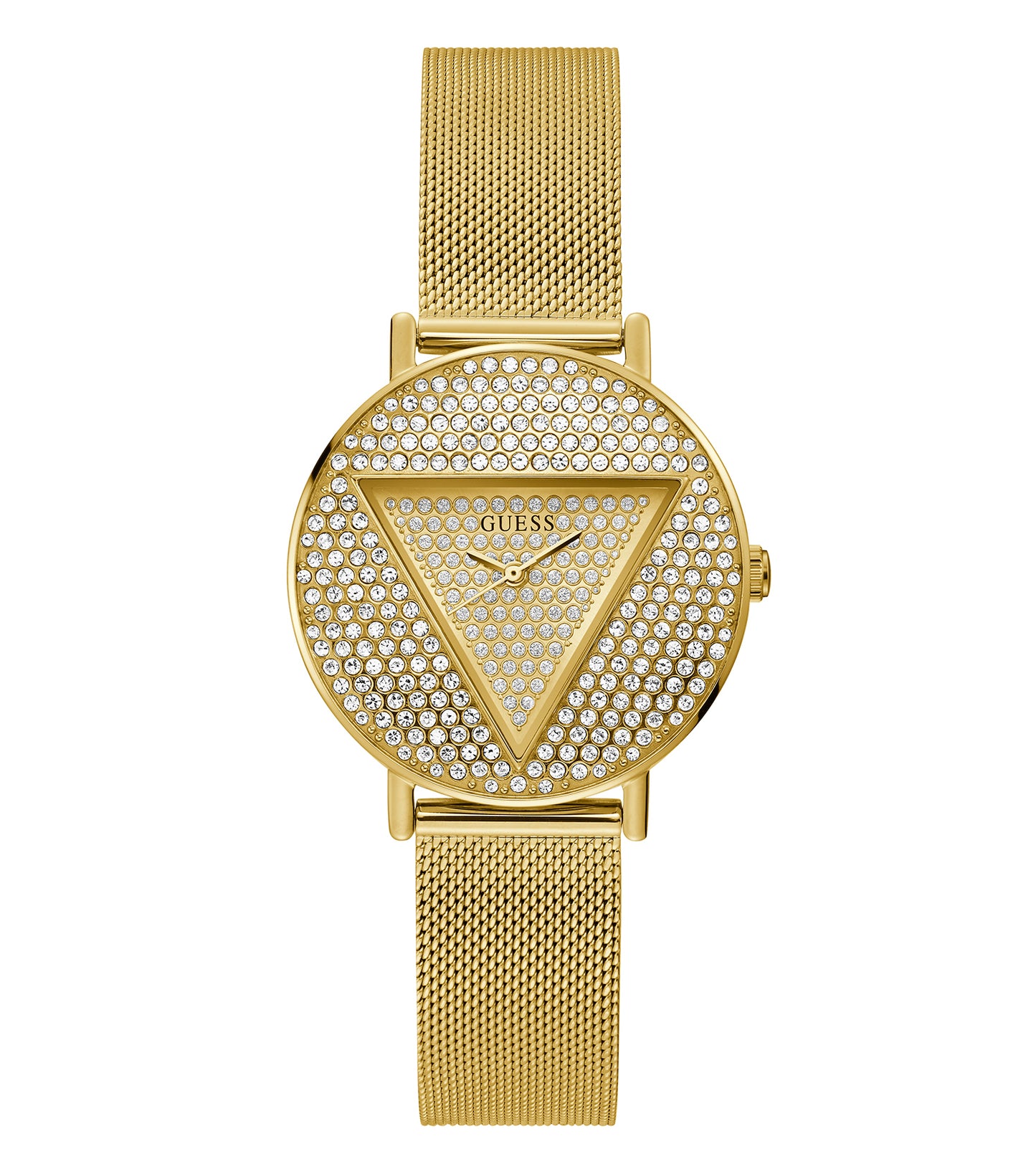 Elegant Guess watch in a warm golden hue, angled view showcasing intricate detailing of the face and stylish band design.