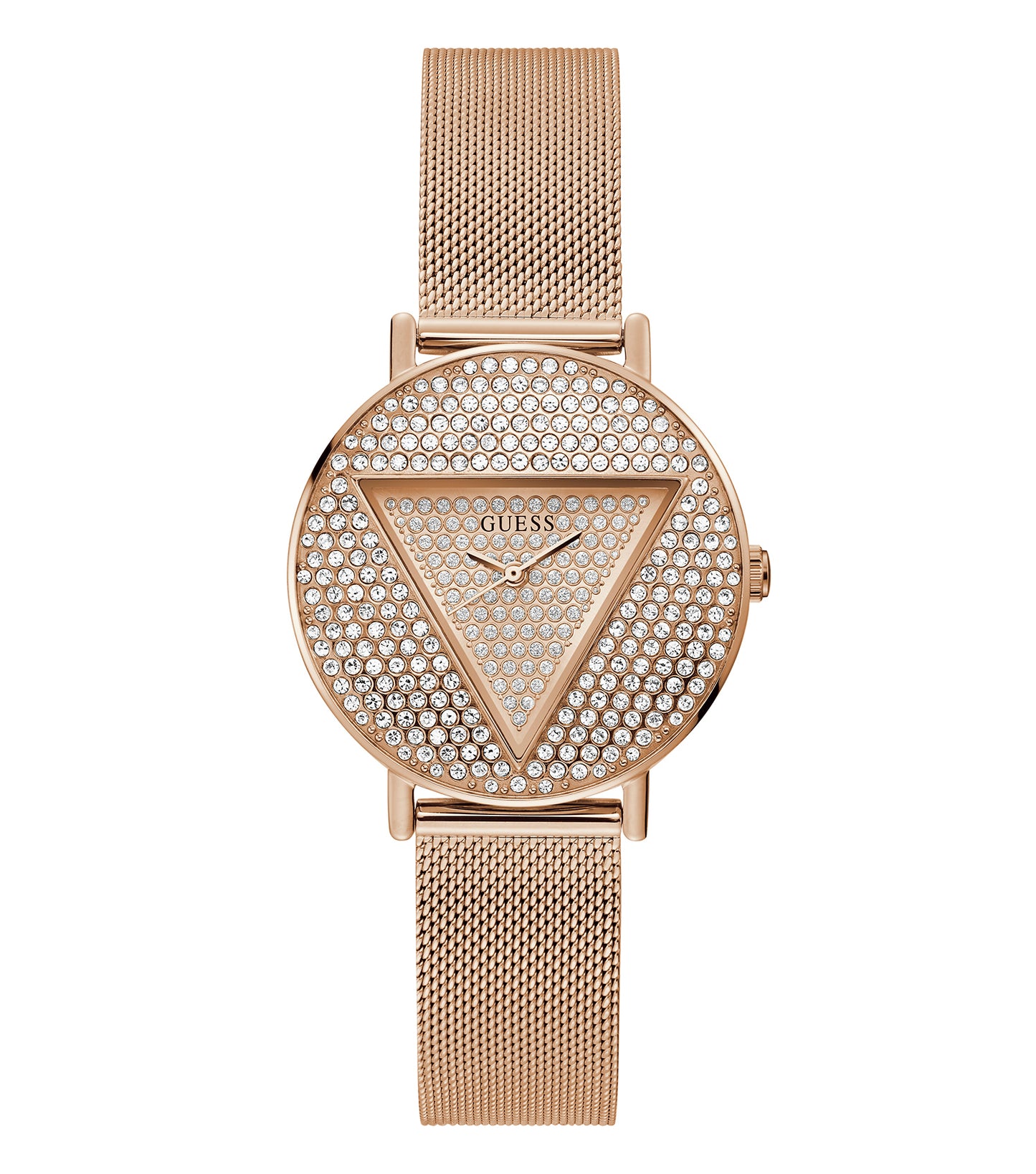 Guess Iconic Quartz women's watch in a soft rose gold hue, angled front view showcasing elegant design and GUESS logo.