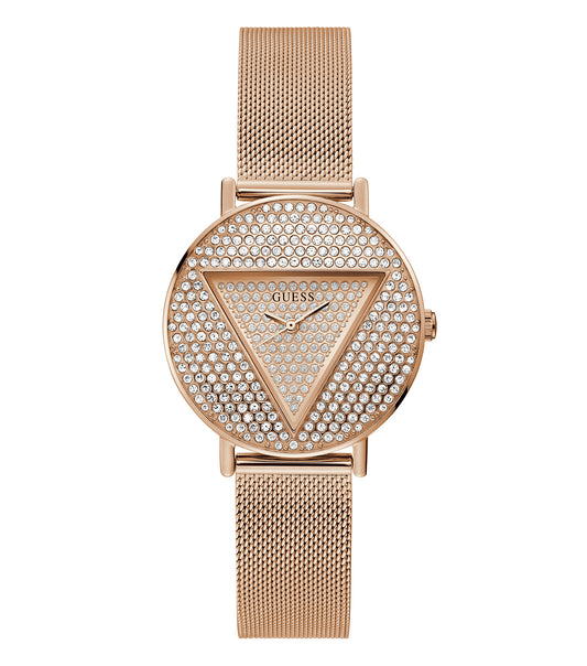 Guess Iconic Quartz women's watch in a soft rose gold hue, angled front view showcasing elegant design and GUESS logo.